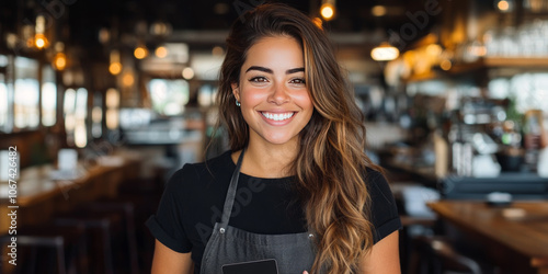 Smiling young woman wearing an apron and holding a card reader in a cafe.