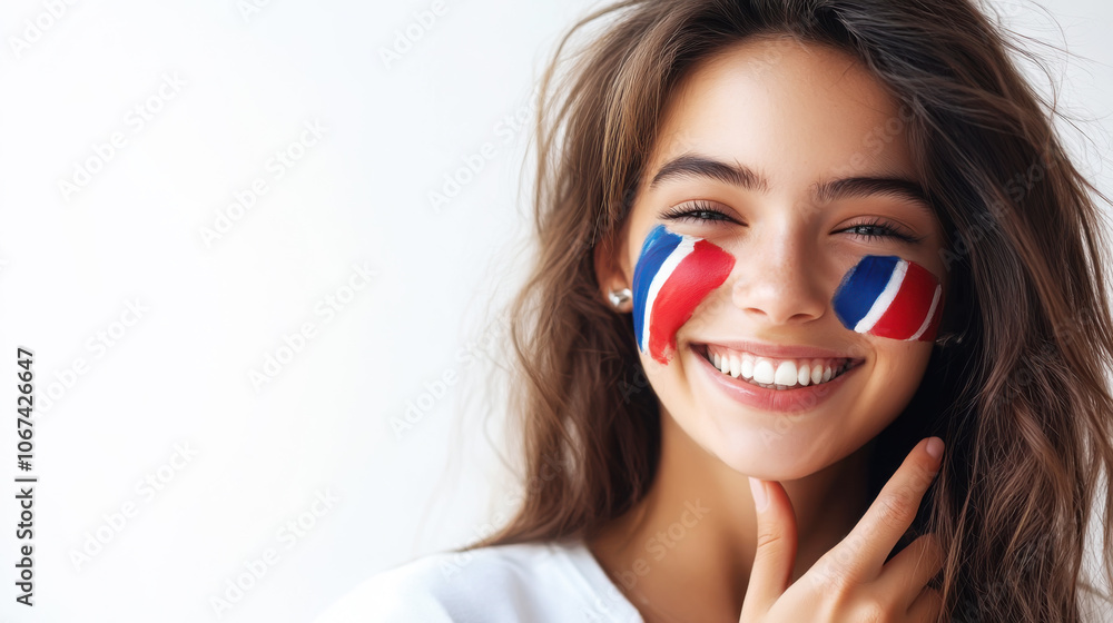 Joyful young woman with french flag face paint - studio portrait for national celebrations Joyful young woman with french flag face paint - studio portrait for national celebrations