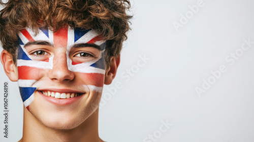 Portrait of a smiling young man with british flag face paint - national pride and celebration theme photo