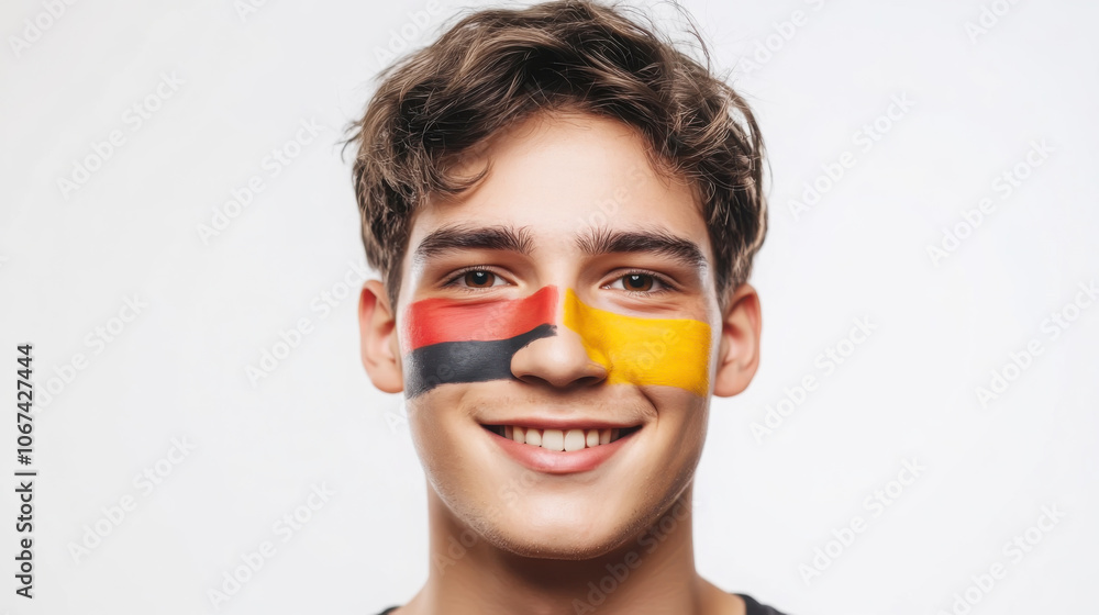 Young man with german flag face paint - patriotic expression for sports events and celebrations Young man with german flag face paint - patriotic expression for sports events and celebrations