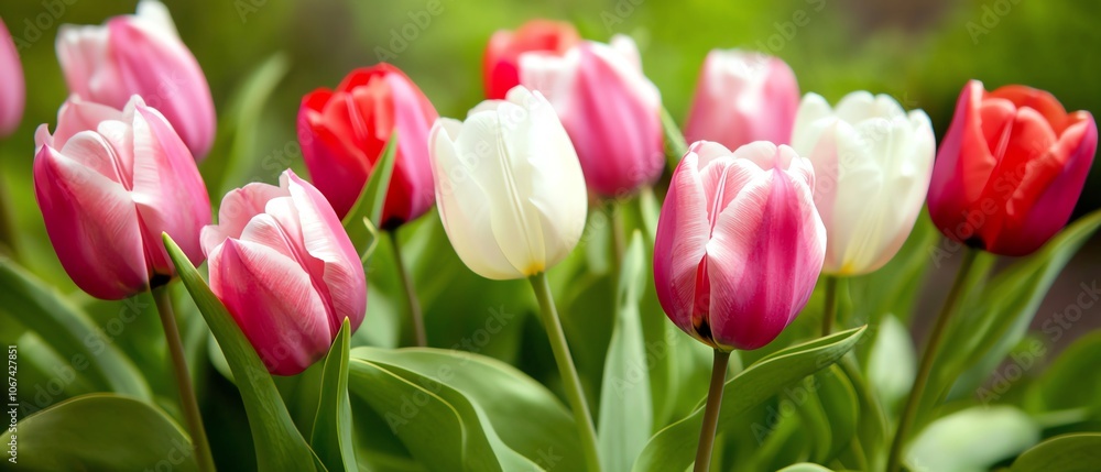 A vibrant display of pink, red, and white tulips blooms gracefully, surrounded by lush green foliage, exuding a sense of springtime beauty. A vibrant display of pink, red, and white tulips blooms gracefully, surrounded by lush green foliage, exuding a sense of springtime beauty.