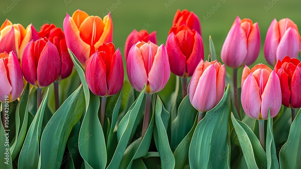 A vibrant display of colorful tulips in shades of red, pink, and orange, surrounded by lush green foliage. A vibrant display of colorful tulips in shades of red, pink, and orange, surrounded by lush green foliage.