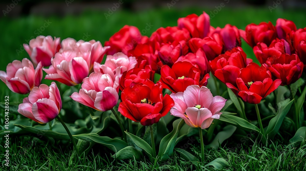 A vibrant display of red and pink tulips blooming in lush green grass enhances the beauty of spring. A vibrant display of red and pink tulips blooming in lush green grass enhances the beauty of spring.