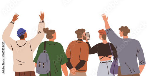 Five young people, seen from behind, stand together. Some wave, while others use their phones. Ideal for friendship, youth culture, socializing, casual fashion, outdoor activities. Contemporary flat