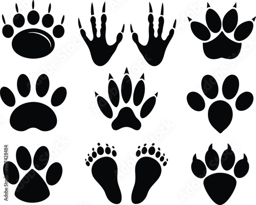 Set of 9 Different footprints of animals, animals footprints icon vector illustration