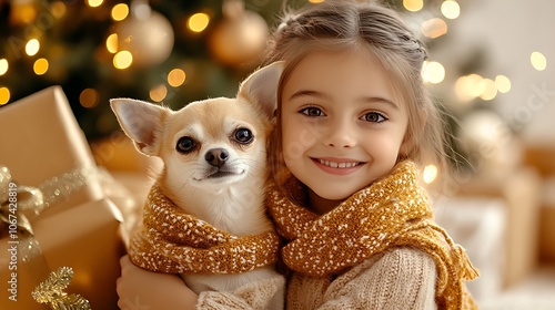 Young Girl Hugging Chihuahua with Holiday Decor