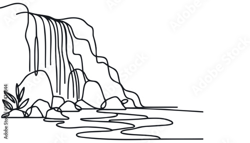 illustration, drawing, vector, continuous, landscape, lake, line, waterfall, one, mountains, sign, graphic, hand, isolated, design, symbol, sketch, doodle, abstract, outline, background, linear, one l