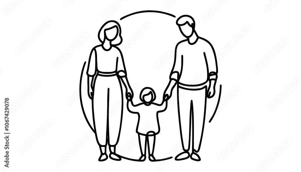 happy family holding hand one line single continuous line art. happy family holding hand one line single continuous line art.