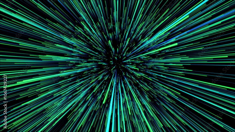 Abstract green hyper jump. Digital hyperspace with flow of bright particles. Beams motion in galaxy. Big stars explosion. Space glowing tunnel moving at the speed of light. 3d rendering. Abstract green hyper jump. Digital hyperspace with flow of bright particles. Beams motion in galaxy. Big stars explosion. Space glowing tunnel moving at the speed of light. 3d rendering.