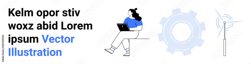 Woman with laptop, gear, wind turbine. Ideal for tech, energy, innovation, work from home, productivity, sustainable development engineering Landing page Woman with laptop, gear, wind turbine. Ideal for tech, energy, innovation, work from home, productivity, sustainable development engineering Landing page