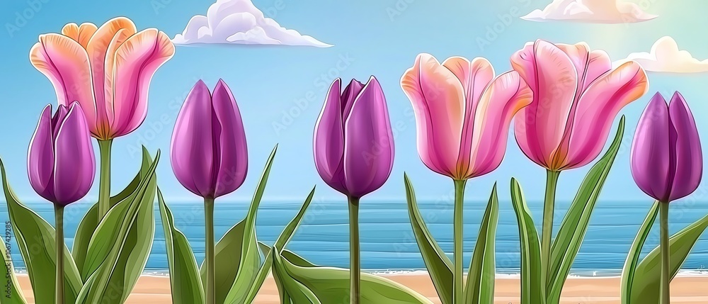 Fototapeta premium A vibrant display of colorful tulips against a serene beach backdrop with a clear sky, creating a peaceful and picturesque scene.