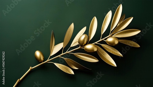 Elegant Gold Olive Branch on Deep Green Background. Luxurious Botanical Concept Art for Branding, Packaging, and High End Product Design, Emphasizing Wealth, Growth, and Prosperity photo