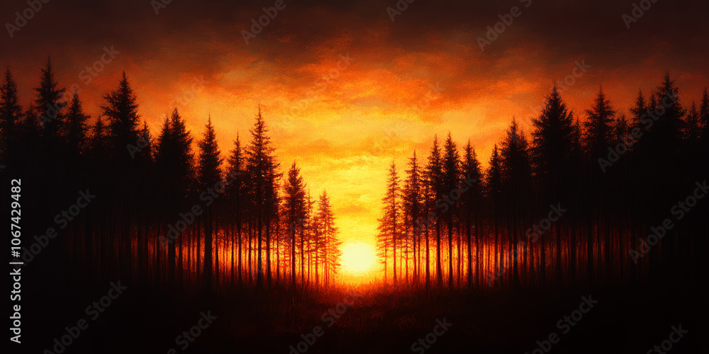 Silhouettes of pine trees stand tall against a fiery sunset. Silhouettes of pine trees stand tall against a fiery sunset.