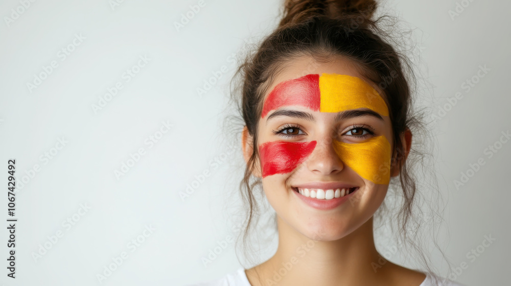 Young woman with spanish flag face paint celebrating national pride Young woman with spanish flag face paint celebrating national pride