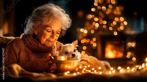 Elderly Woman Petting Her Chihuahua in Cozy Setting