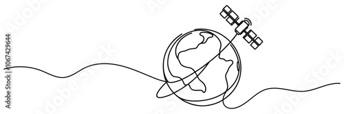 One continuous line drawing of the earth with a satellite