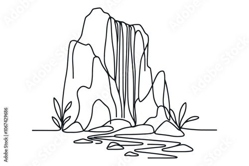 Continuous one line drawing of waterfall and lake. Vector illustration