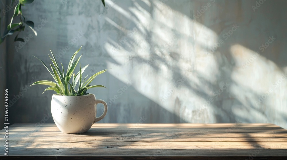 Minimalist plant decor on wooden table with sunlight Minimalist plant decor on wooden table with sunlight