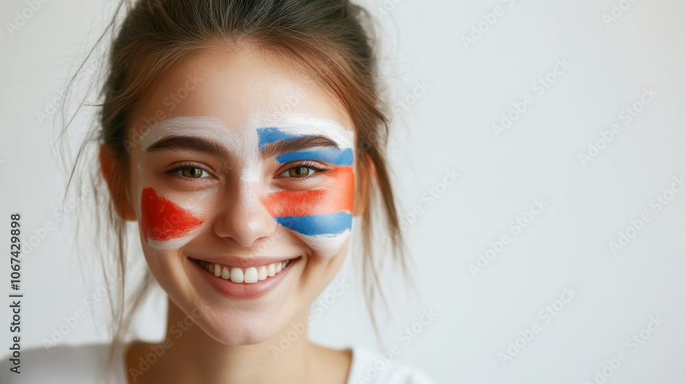 Portrait of a smiling woman with russian flag face paint for patriotic celebrations Portrait of a smiling woman with russian flag face paint for patriotic celebrations