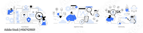 Magnifying glass, computer screens, charts, graphs, people analyzing data, puzzle pieces, and icons. Ideal for AI, data analytics, fraud detection, credit scoring, training algorithms risk