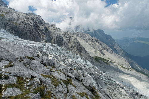 The scenery of Minyong glacier at the Mount MeiLi in  Shangri-La, Zhongshan city, Yunnan Province, China ..