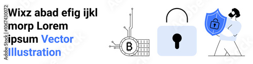 Blockchain network with Bitcoin symbol, large padlock, man holding shield with lock icon. Ideal for fintech, cybersecurity, blockchain, online privacy, data protection, financial technology, IT