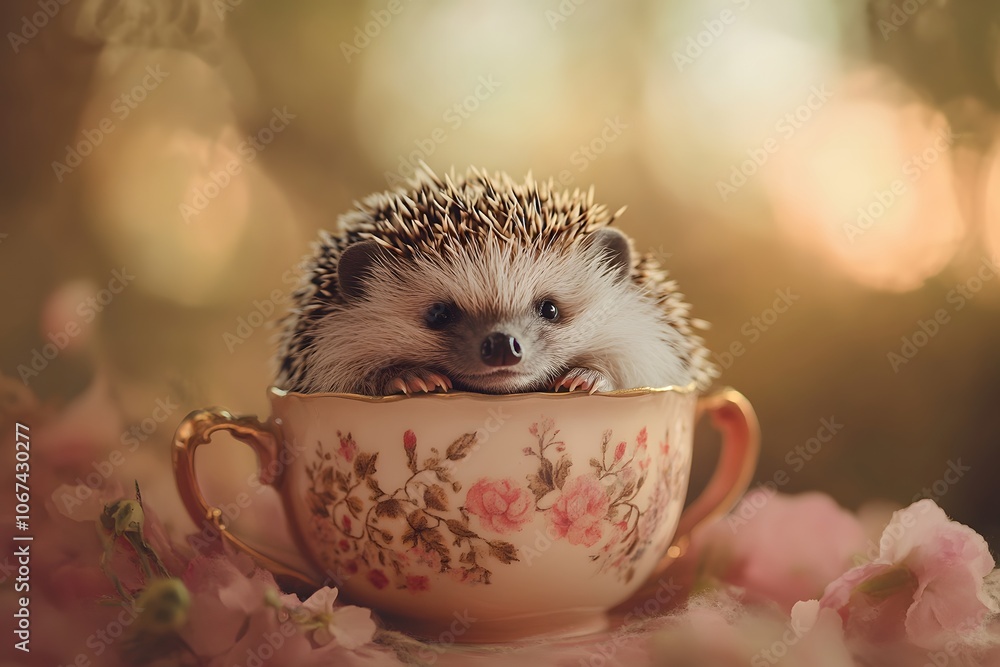 cute curious hedgehog in a tiny floral teacup with delicate flowers around cute curious hedgehog in a tiny floral teacup with delicate flowers around