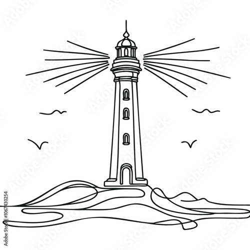 Continuous one simple line drawing of a lighthouse,