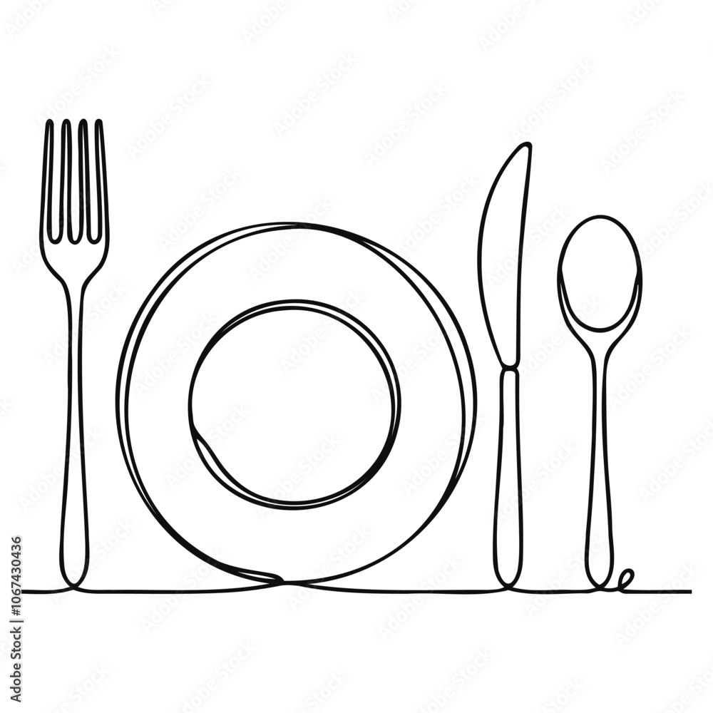 continuous line drawing of fork, plate, knife and spoon. minimalist one line drawing of cutlery. single line vector illustration. isolated white background. continuous line drawing of fork, plate, knife and spoon. minimalist one line drawing of cutlery. single line vector illustration. isolated white background.