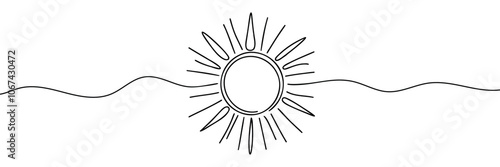 Sun continuous one line art drawing. Summer sun contour line sign. Vector illustration isolated on white.