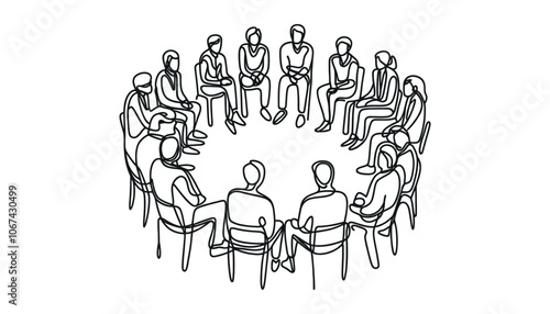 group of people sitting in a circle for a discussion or meeting drawn by one line. Vector illustration