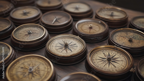 A collection of vintage compasses arranged on a table, evoking themes of travel, geography, and exploration. The worn, intricate details of each compass reflect a sense of history and navigation photo