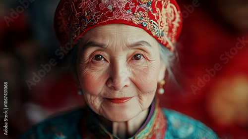 Elderly woman in traditional attire with a warm smile