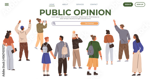 Group of diverse individuals holding various poses. Background has website interface encouraging sharing opinions. Ideal for community feedback, social engagement, survey platforms, user opinions