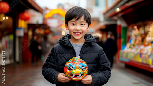 Young boy holding a colorful lion mask in a festive market photo