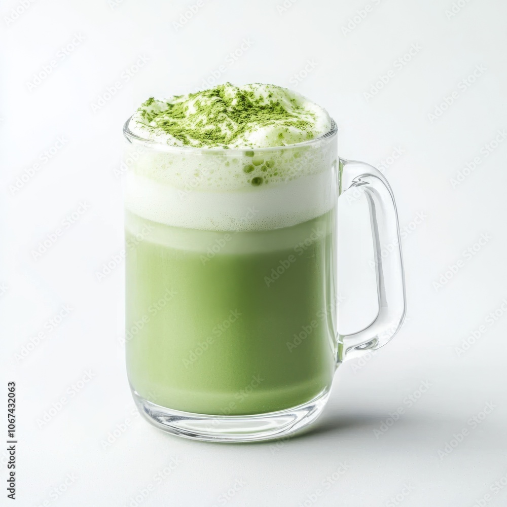 Enjoy a Refreshing Green Matcha Latte in a Clear Glass Mug with Frothy Topping Enjoy a Refreshing Green Matcha Latte in a Clear Glass Mug with Frothy Topping