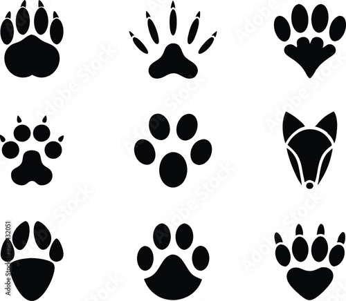 Set of 9 Different footprints of animals, animals footprints icon vector illustration