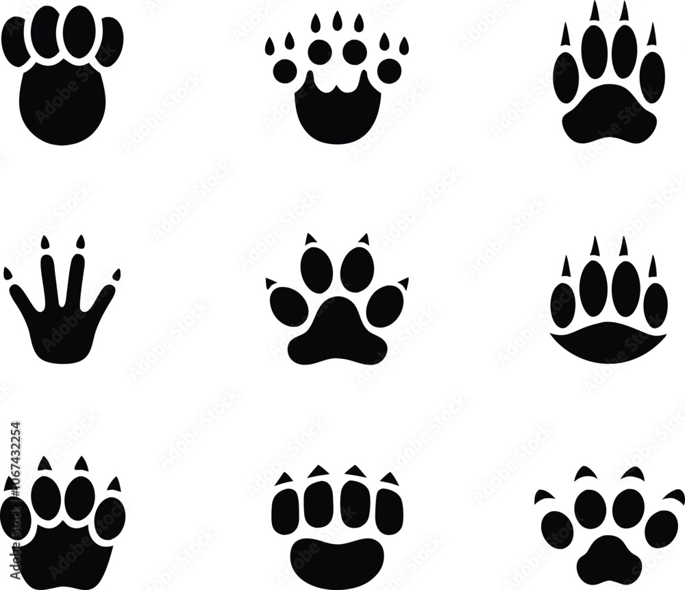 Set of 9 Different footprints of animals, animals footprints icon vector illustration Set of 9 Different footprints of animals, animals footprints icon vector illustration
