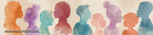 Side-view Silhouettes of Men and Women from Various Cultures. Multicultural People. Diversity Racial Equality Inclusion concept. Gender Equality. Community. Watercolors