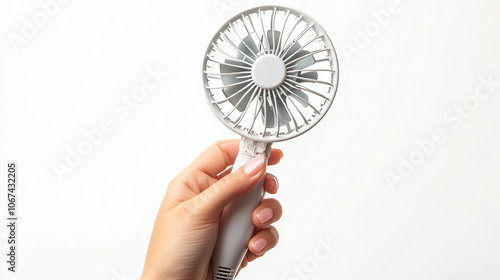 A portable mini electric fan designed to be carried by hand, isolated on a white background with a clipping path. The compact fan is ideal for on-the-go cooling.