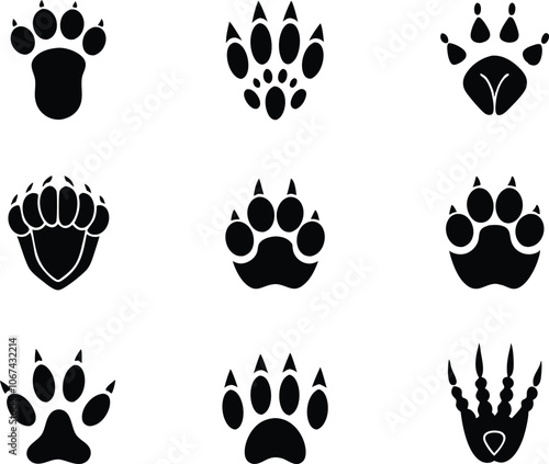 Set of 9 Different footprints of animals, animals footprints icon vector illustration