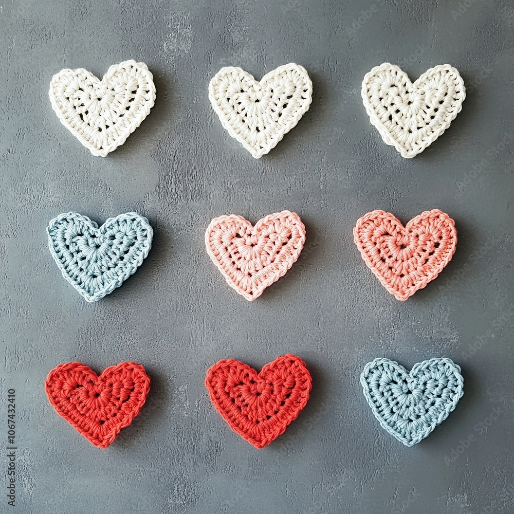 Set of Colorful Crocheted Hearts on Gray Background Set of Colorful Crocheted Hearts on Gray Background