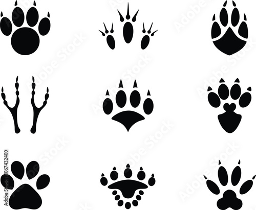 Set of 9 Different footprints of animals, animals footprints icon vector illustration