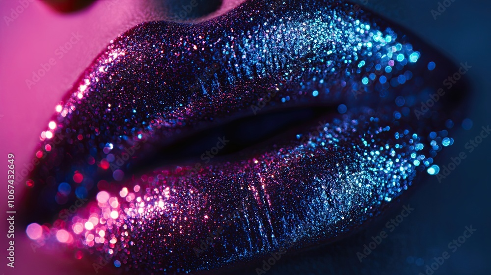 Close-up of shimmering lips covered in sparkling, iridescent glitter. The glossy finish and dramatic lighting create a bold and glamorous look, ideal for beauty, fashion, or makeup themes. Close-up of shimmering lips covered in sparkling, iridescent glitter. The glossy finish and dramatic lighting create a bold and glamorous look, ideal for beauty, fashion, or makeup themes.