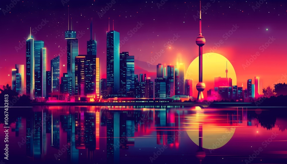 An illustration of a synthwave city An illustration of a synthwave city