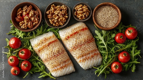 Discover healthy cooking prepare delicious fish with fresh vegetables and nuts for your next meal photo