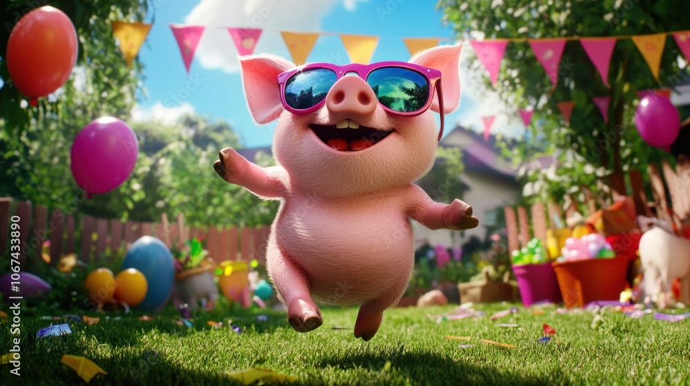 Naklejka premium A cartoon pig wearing sunglasses and sunglasses is jumping in the air