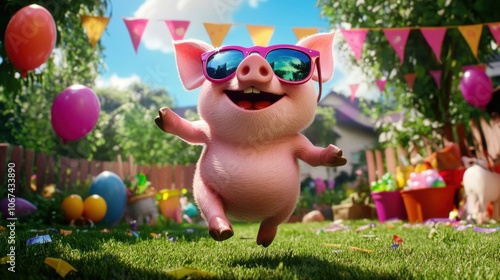 A cartoon pig wearing sunglasses and sunglasses is jumping in the air