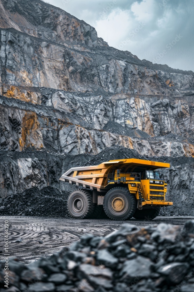 The industrial site at the openpit mine is bustling with yellow mining trucks and heavy machinery on a sunny day The industrial site at the openpit mine is bustling with yellow mining trucks and heavy machinery on a sunny day