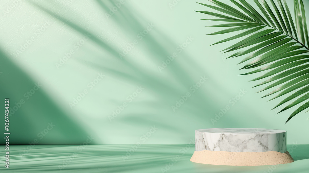A serene, minimalist scene featuring a marble bowl on a soft surface, complemented by a green backdrop and a palm leaf casting elegant shadows.. Podium Presentation